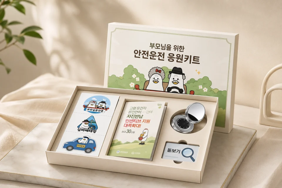 부모님을 위한 안전운전 응원키트 상자와 구성품 예시 시안