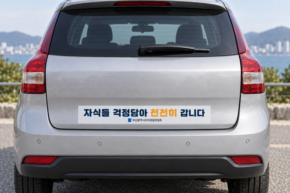 차량 후면 중앙에 자식들 걱정담아 천천히 갑니다 문구 스티커를 붙인 생성 이미지 예시